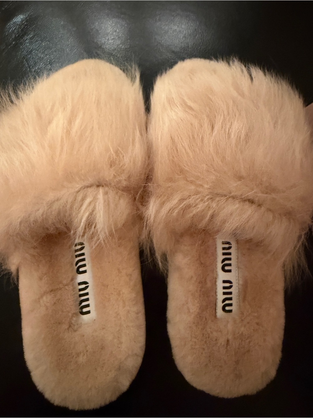 Miu Miu Camel Shearling Slide Slippers